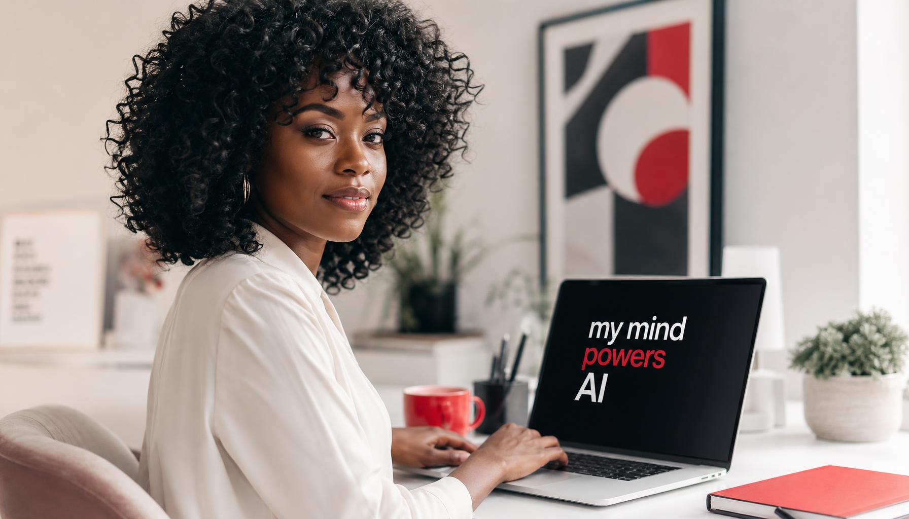 A Black woman at her laptop with the screen showing my mind powers AI
